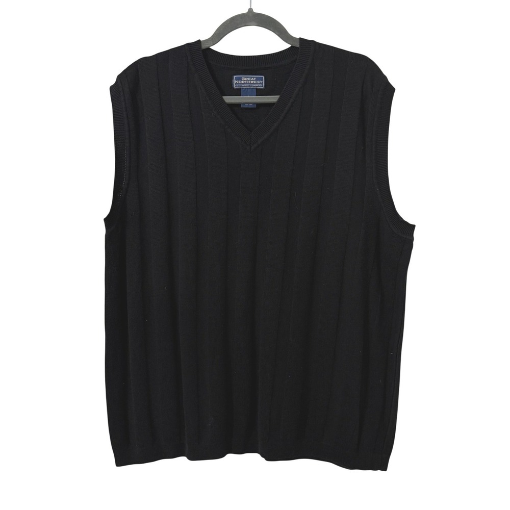 Great Northwest Mens Black Ribbed V-Neck Cotton Sweater Vest L Academia Preppy